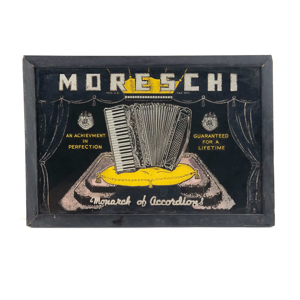 Glass Advertisement for Moreschi Accordions: Framed reverse on glass advertisement for Moreschi Accordions which are made in Castlefierdo Italy. In overall good condition with slight silver loss. Measures 16" wide, 11" tall. From the Allen