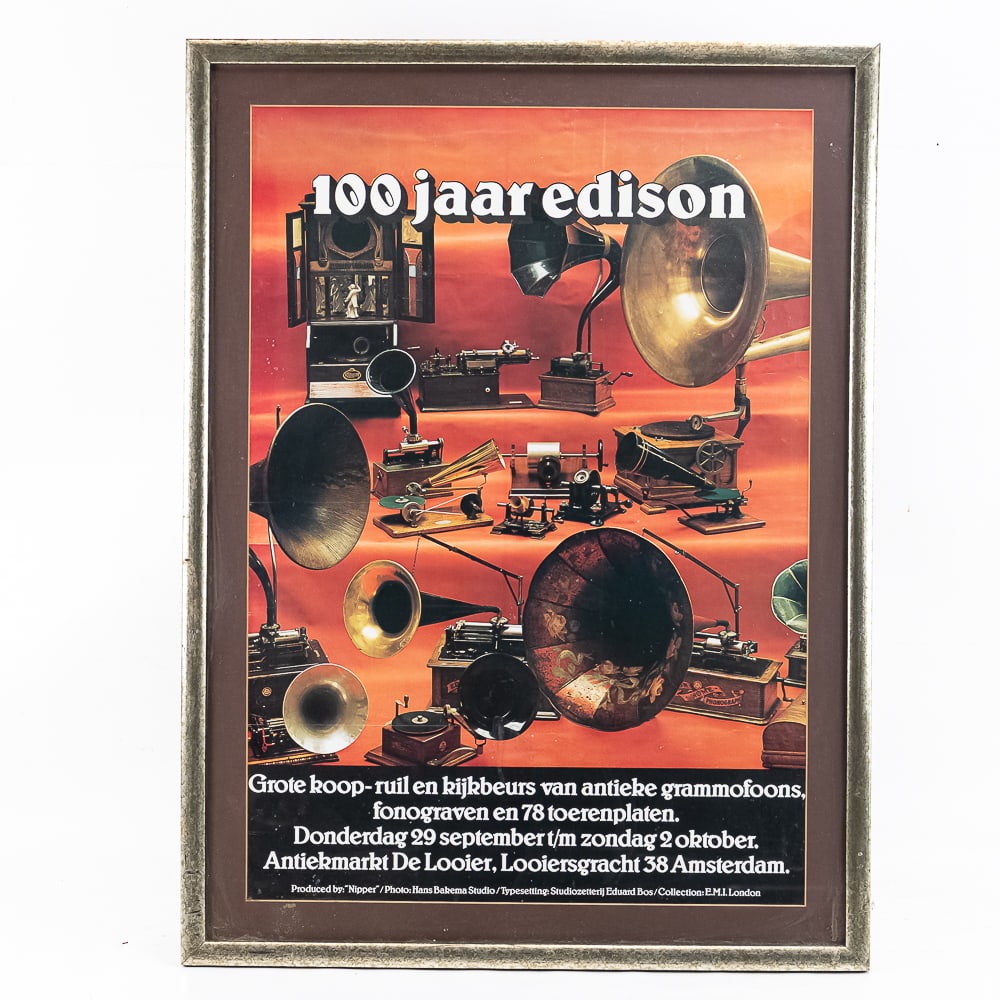 Framed 100 Jaar Edison Poster: This vintage Dutch exhibition poster celebrates "100 Jaar Edison" (100 Years of Edison), advertising a grand buy-sell-exchange fair for antique gramophones, phonographs, and 78 RPM records held at the
