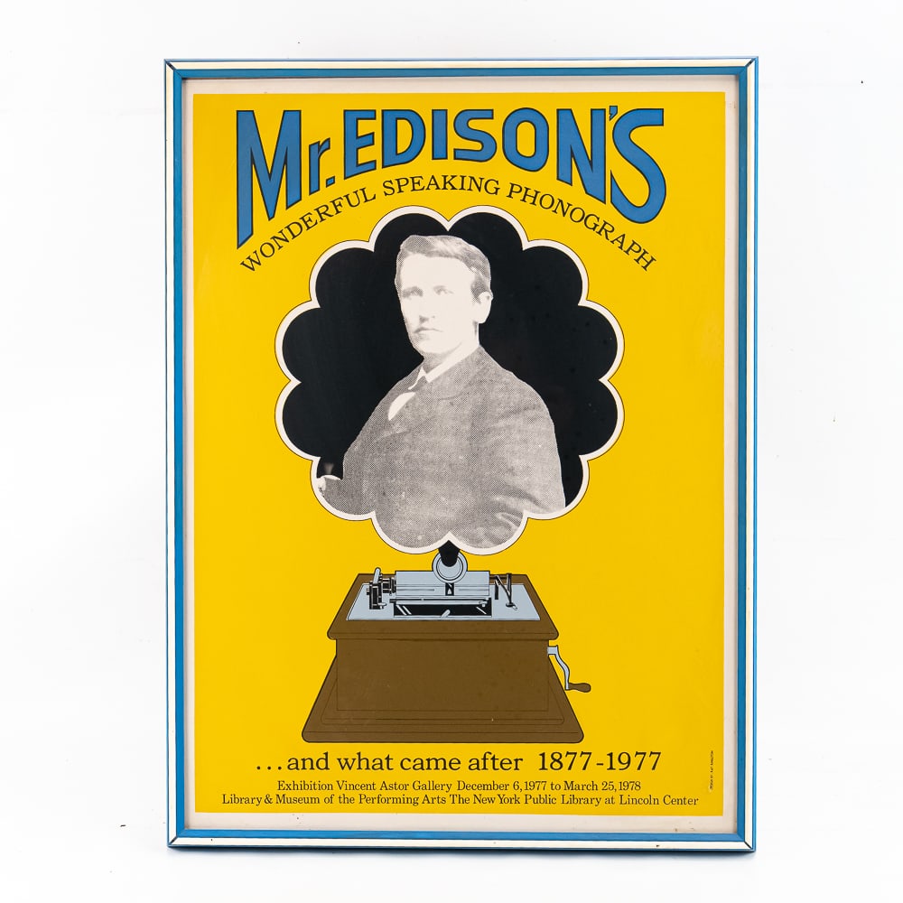 1977 NYPL Edison Phonograph Poster Framed: This striking exhibition poster celebrates the centennial of Thomas Edison's groundbreaking invention, originally produced for the "Mr. Edison's Wonderful Speaking Phonograph... and what came after