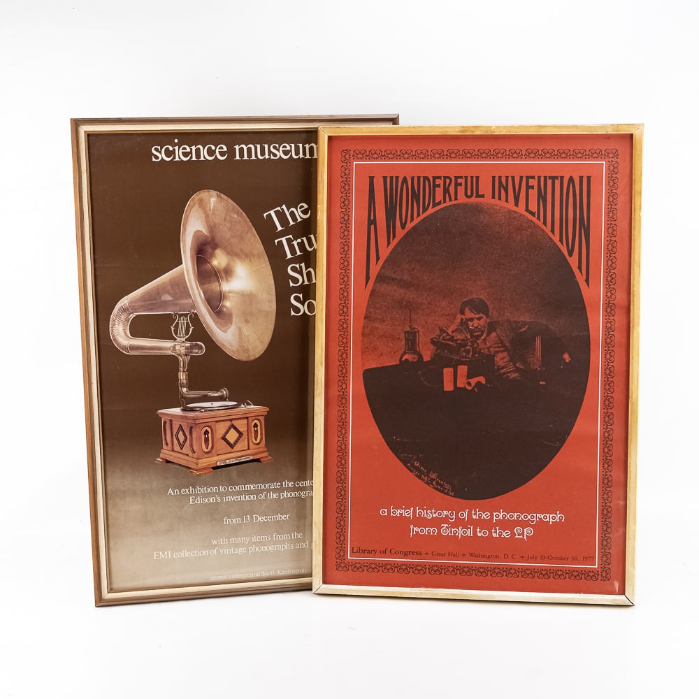 Pair of Framed Edison Centenary Posters: This lot features two vintage museum exhibition posters celebrating the history of recorded sound and the centenary of Thomas Edison's invention of the phonograph. The the first poster was produced