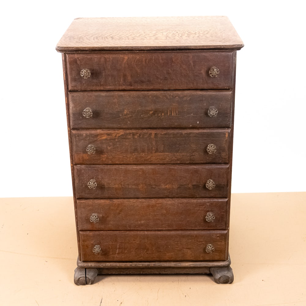 Quarter-Sawn Oak Cylinder Record Cabinet: This antique American Tiger Oak cylinder record cabinet, dating to the late 19th or early 20th century, features a beautifully figured quarter-sawn oak top and front. Designed specifically for