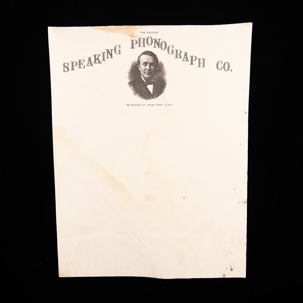Edison Speaking Phonograph Co. Stationary: A sheet of blank stationary from the Edison Speaking Phonograph Co. 66 Reade St. New York. In good condition with some age discoloration. See photos. From the Allen Koenigsberg collection.
