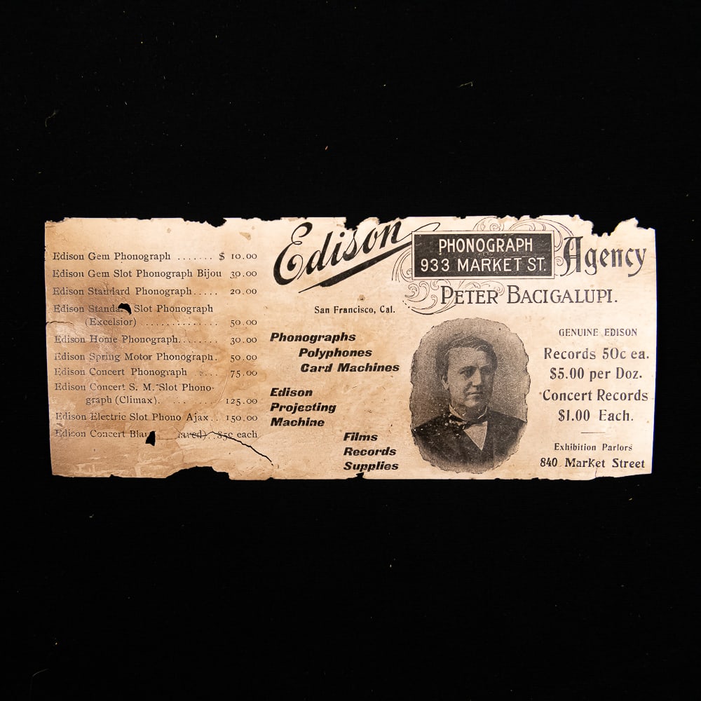Peter Bacigalupi Cylinder Record Label: Original cylinder record label for the Peter Bacigalupi Edison Agency in San Francisco. He was one of the first men to recognize the importance of the phonograph in for entertainment and was one of