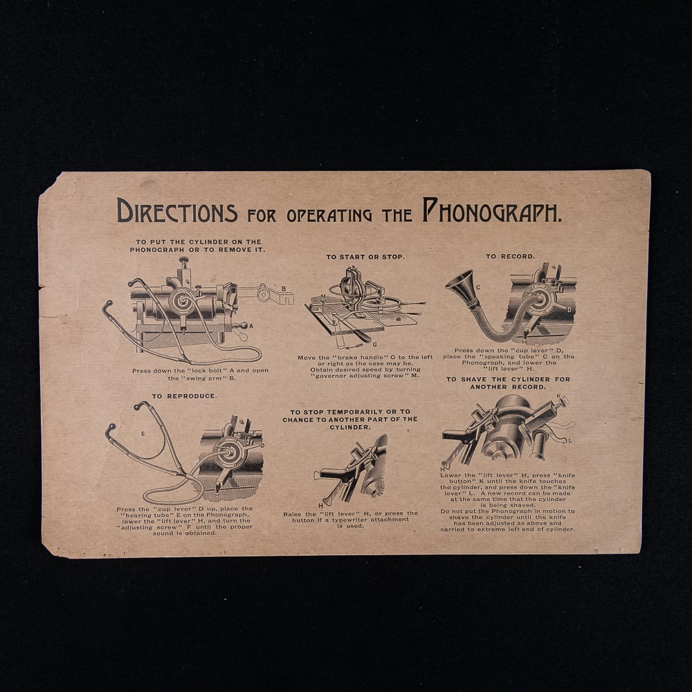 Cylinder Phonograph Instructions: An exceptional and scarce piece of early sound recording ephemera, this original late 1890s to early 1900s paper instruction card features detailed, illustrated "Directions for Operating the