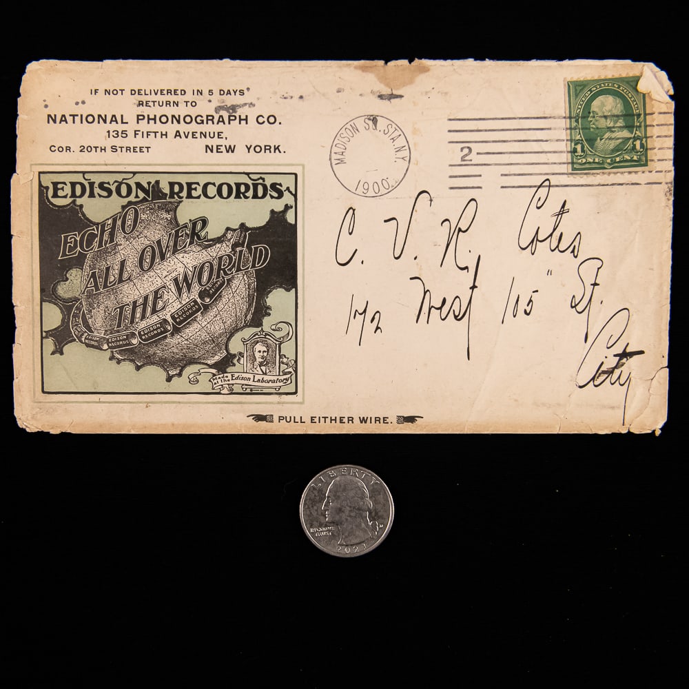 National Phonograph Co. Envelope: An early advertisement envelope for the National Phonograph Co. in New York. Post marked 1900. No contents. From the Allen Koenigsberg collection.