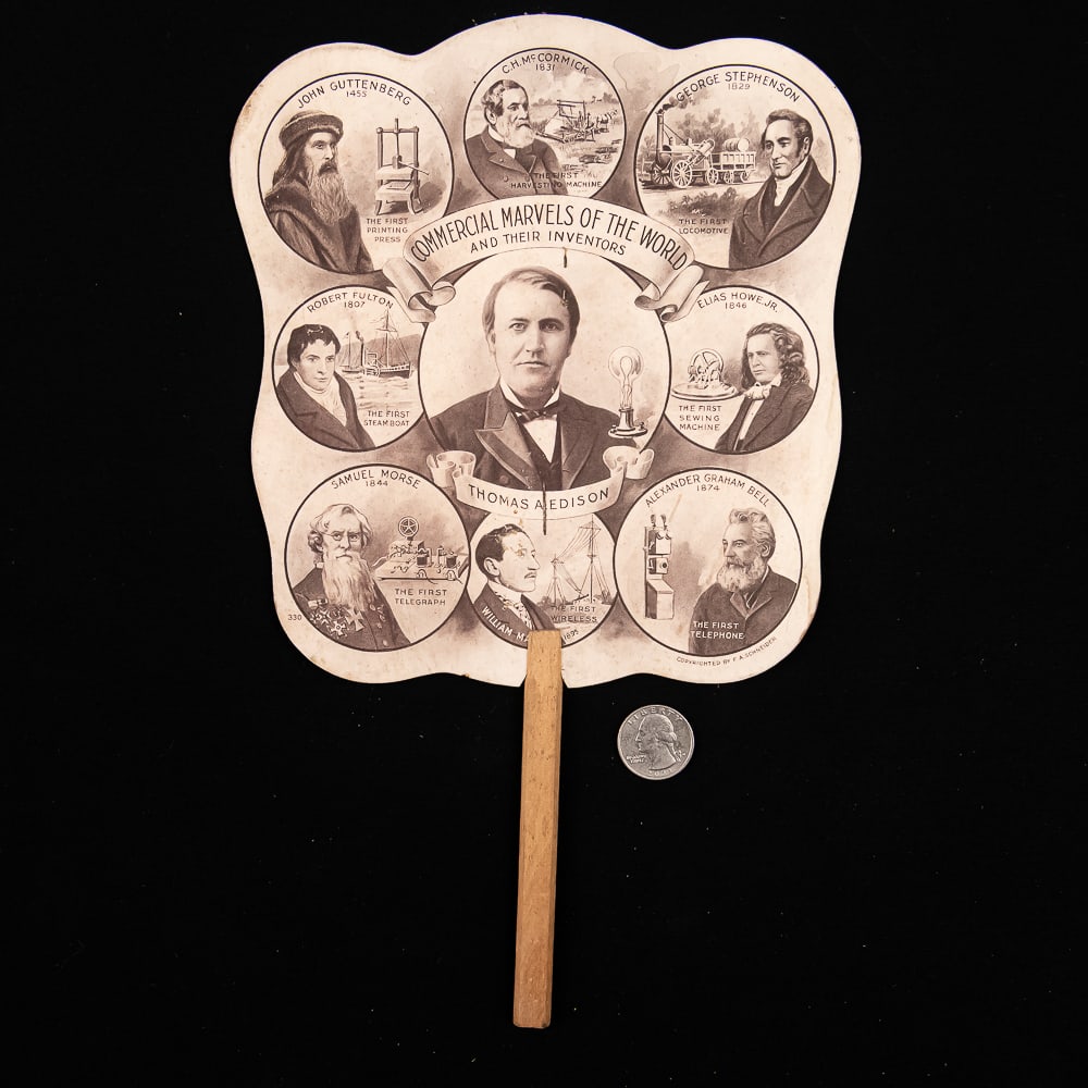 Famous Inventors Advertising Hand Fan: Diecut cardboard on wood stick hand fan titled Commercial Marvels of the World and their Inventors. The fan features 9 inventors including Bell, Guttenberg, and Fulton, with Edison featured in the