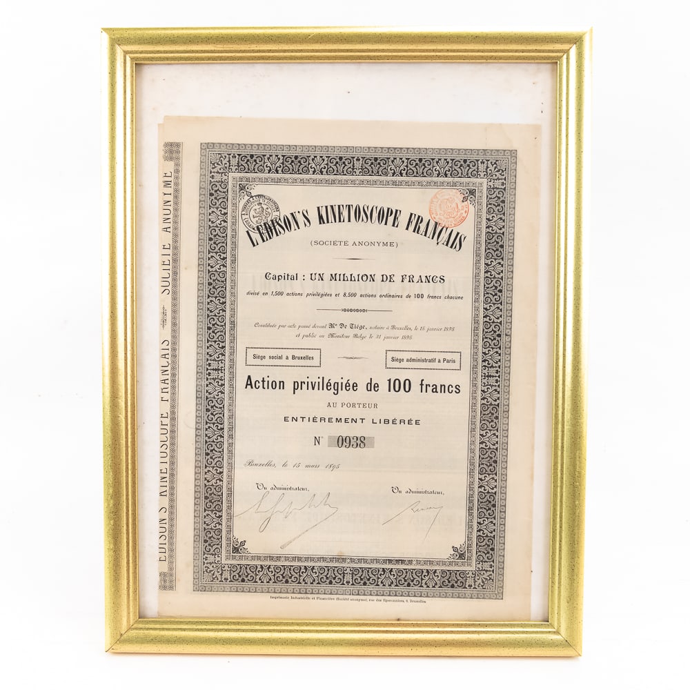 1895 Edison's Kinetoscope Share Certificate: This fascinating piece of early cinematic history is a 100-franc Action privilégiée (preferred share) certificate from L'Edison's Kinetoscope Français, numbered 0938 and dated March