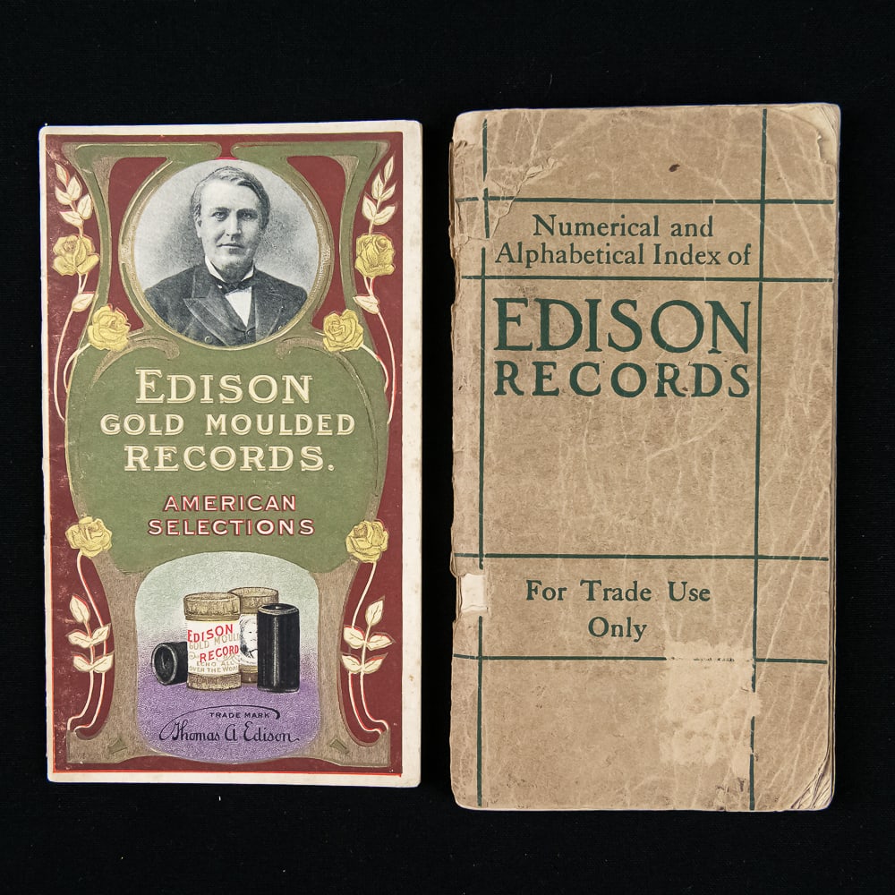 Edison Records Catalog Booklets: An exceptional pair of early 20th-century phonograph ephemera, these original paper booklets were published by the National Phonograph Co. of Orange, New Jersey. The smaller, beautifully preserved boo