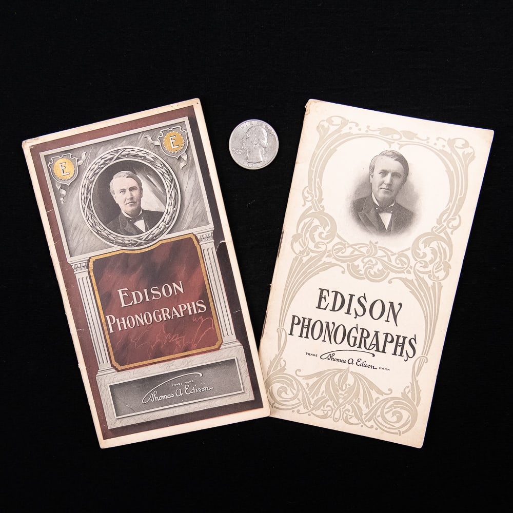 Pair of Antique Edison Phonograph Pamphlets: An exceptional pair of original, early 20th-century promotional booklets for Edison Phonographs, produced by the National Phonograph Company of Orange, New Jersey. The covers feature prominent portrai