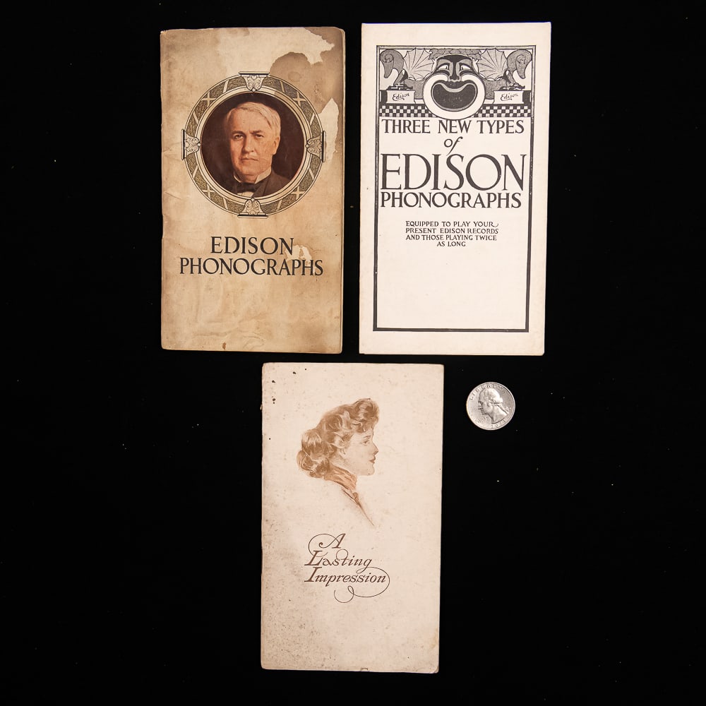 Edison Cylinder Phonograph Catalogs (3): Includes a 1911 catalog in fair condition, a 1904 catalog in good condition, and a folded supplement for the standard, Home, and Triumph in good condition. All measure 6" tall, 3.5" wide. From the