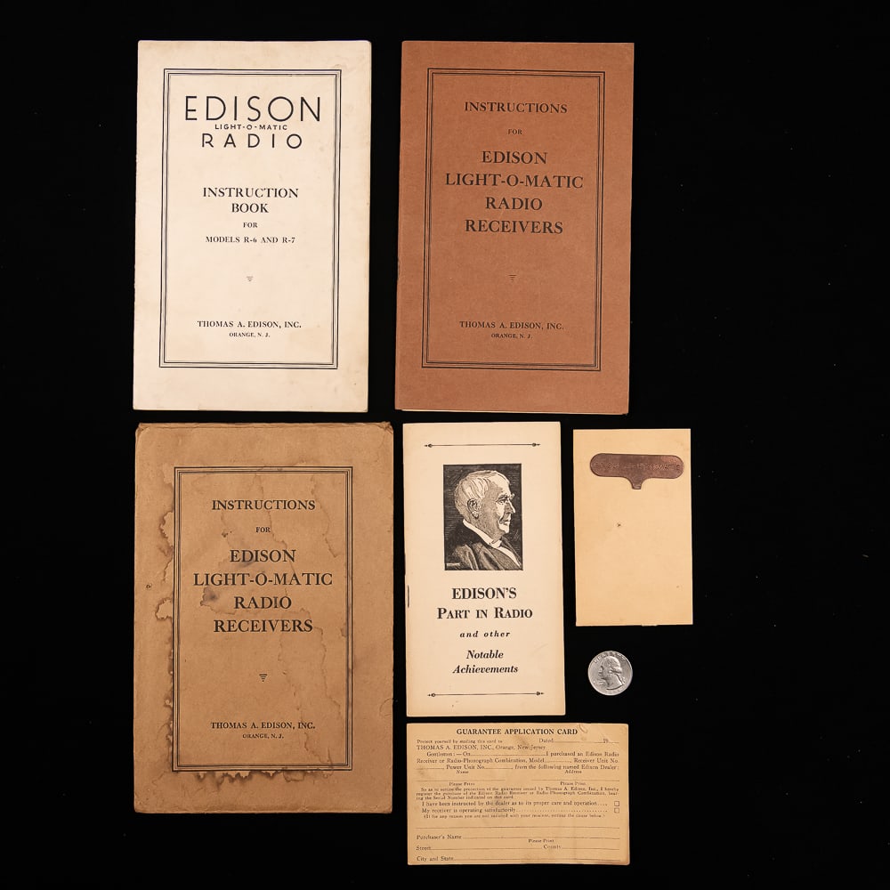 Edison Radio Literature (4): Includes Instruction book and envelope for Edison Light-O-Matic radio receivers in VG condition, instruction book for Edison Models R-6 and R-7 receivers in good condition, and a small booklet for