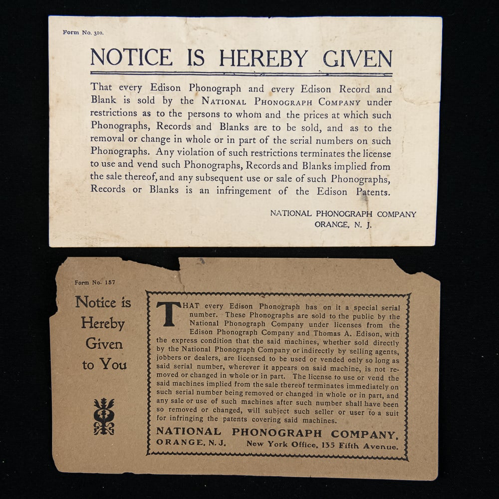 Pair of Antique Edison Patent Notices: An exceptional find for any collector of early talking machine history, these original paper ephemera patent notice labels were issued by the National Phonograph Company of Orange, New Jersey. Dating 