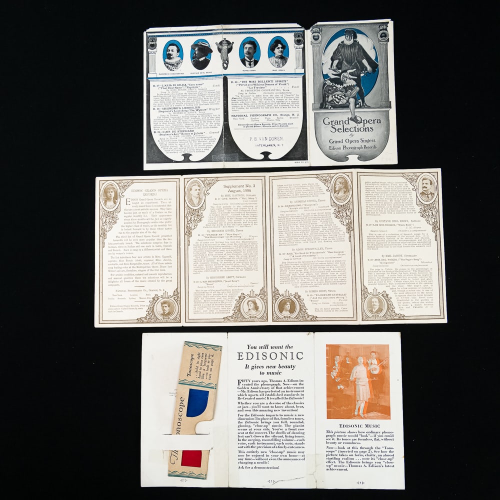 Edison Diamond Disc Literature (3): Includes 2 Grand Opera record supplements, one with paper loss, and a Edisonic supplement advertising a Schubert model phonograph and featuring a 3-D "Tonoscope" hand held viewer to view a 3-D
