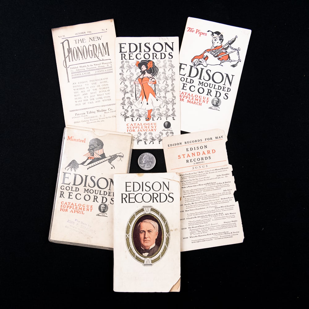 Edison Phonograph Cylinder Supplements: A fascinating collection of five early 20th-century paper ephemera items published by the National Phonograph Co. of Orange, New Jersey, designed to promote Thomas Edison’s cylinder record