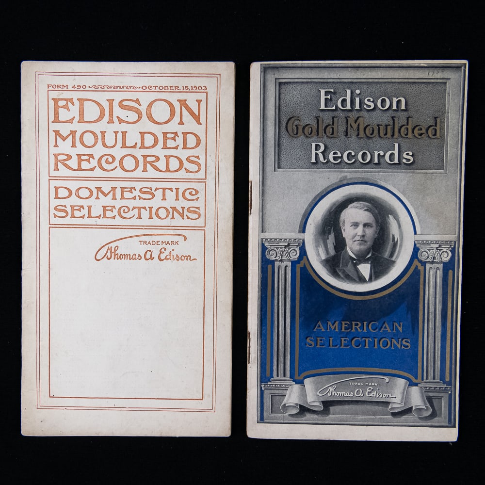 Pair of 1903 & 1906 Edison Record Catalogs: An exceptional pair of original early 20th-century paper promotional booklets for Thomas A. Edison's pioneering phonograph cylinder records, manufactured by National Phonograph Co. in Orange, New