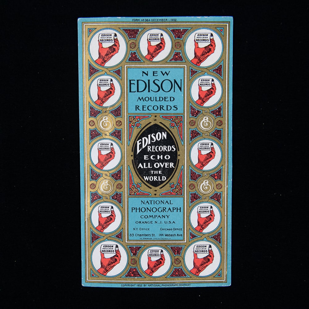 1902 Edison Moulded Records Catalog Card: This exceptional, turn-of-the-century paper advertising card and record checklist was produced by the National Phonograph Company of Orange, New Jersey. Dated December 1902 (Form No. 364), the front