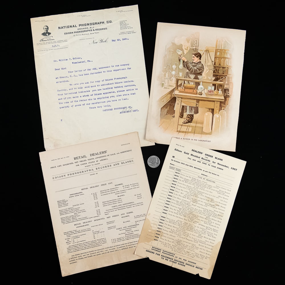 Edison Literature (4): Includes a 9" X 7" color litho of Edison in his laboratory, a 1909 typed letter from the National Phonograph Co. replying to an inquiry, a 1904 retail price list for Edison phonographs and
