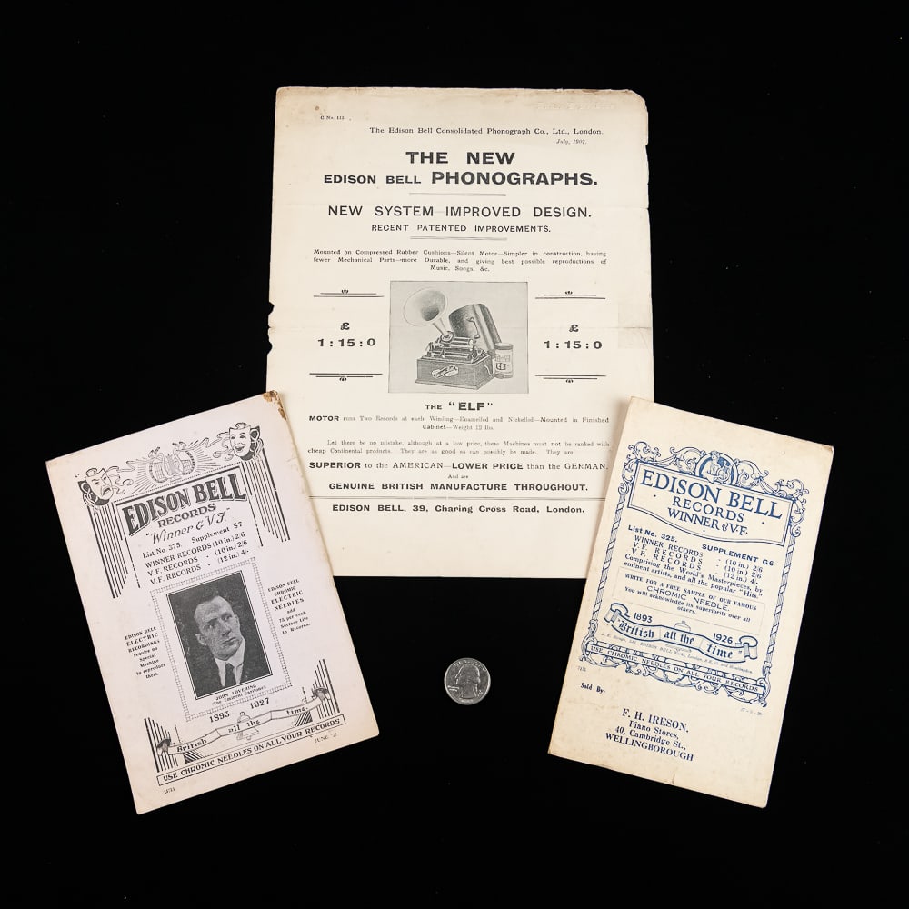 Edison Bell Literature (3): 3 piece lot includes a 1907 2 page flyer for Edison Bell phonographs, and 2 Edison Bell disc record supplements. In fair to good condition. From the Allen Koenigsberg collection.
