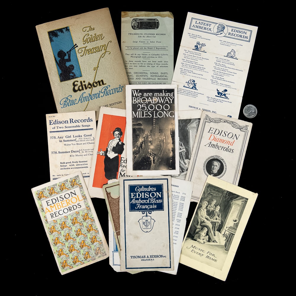 Edison Phonograph Record Catalog Lot: A fascinating collection of approximately 12 early 20th-century antique paper ephemera items published by Thomas A. Edison, Inc. out of Orange, New Jersey, showcasing the dawn of recorded sound. This