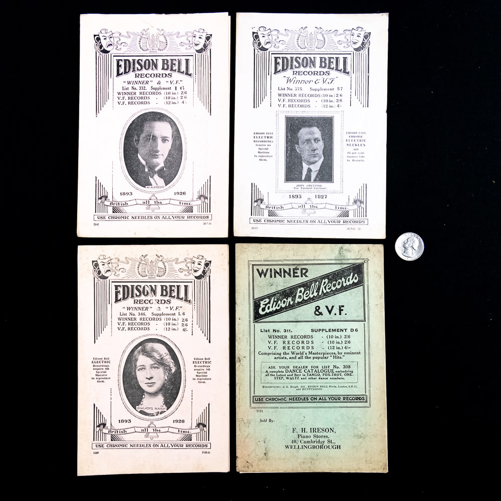 Vintage Edison Bell Record Catalog & Price List Lo: This scarce lot of five original 1920s-era phonograph ephemera brochures and supplements was printed by Edison Bell Ltd. in London, England. A fascinating window into early 20th-century audio