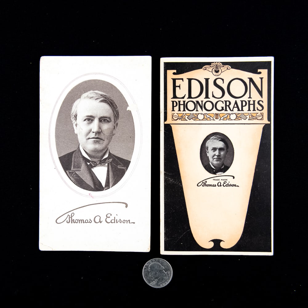 Edison Phonograph Ad Pair: An exceptional offering of original turn-of-the-century advertising ephemera from the National Phonograph Co. of Orange, New Jersey, featuring a double-sided trade card and a multi-page promotional bo