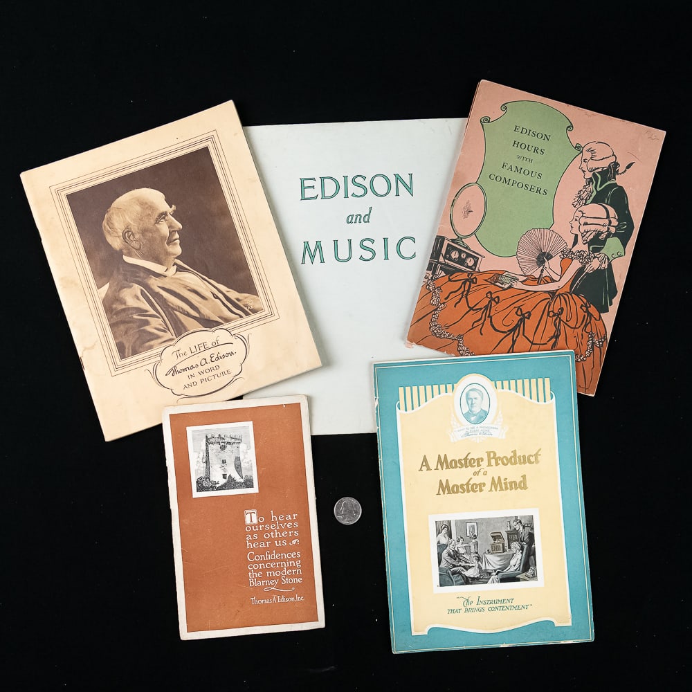 Vintage Edison Promotional Booklets & Pamphlets 5: A fascinating collection of early 20th-century promotional booklets, pamphlets, and ephemera produced by Thomas A. Edison, Inc. out of Orange, New Jersey. This lot captures the golden age of early sou