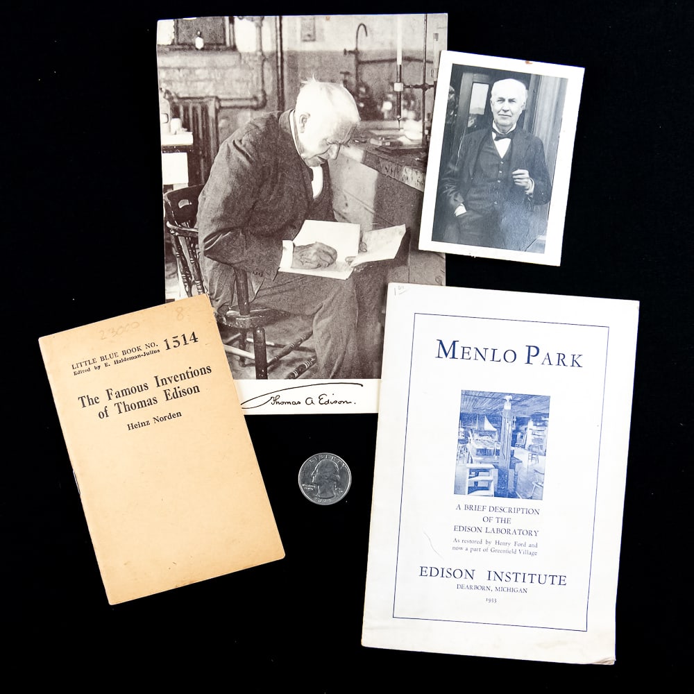 Thomas Edison Ephemera & Booklet Lot: This fascinating historical lot celebrates the life and legacy of legendary American inventor Thomas Edison, anchoring on a 1933 "Menlo Park" Edison Institute booklet from Dearborn, Michigan, and a