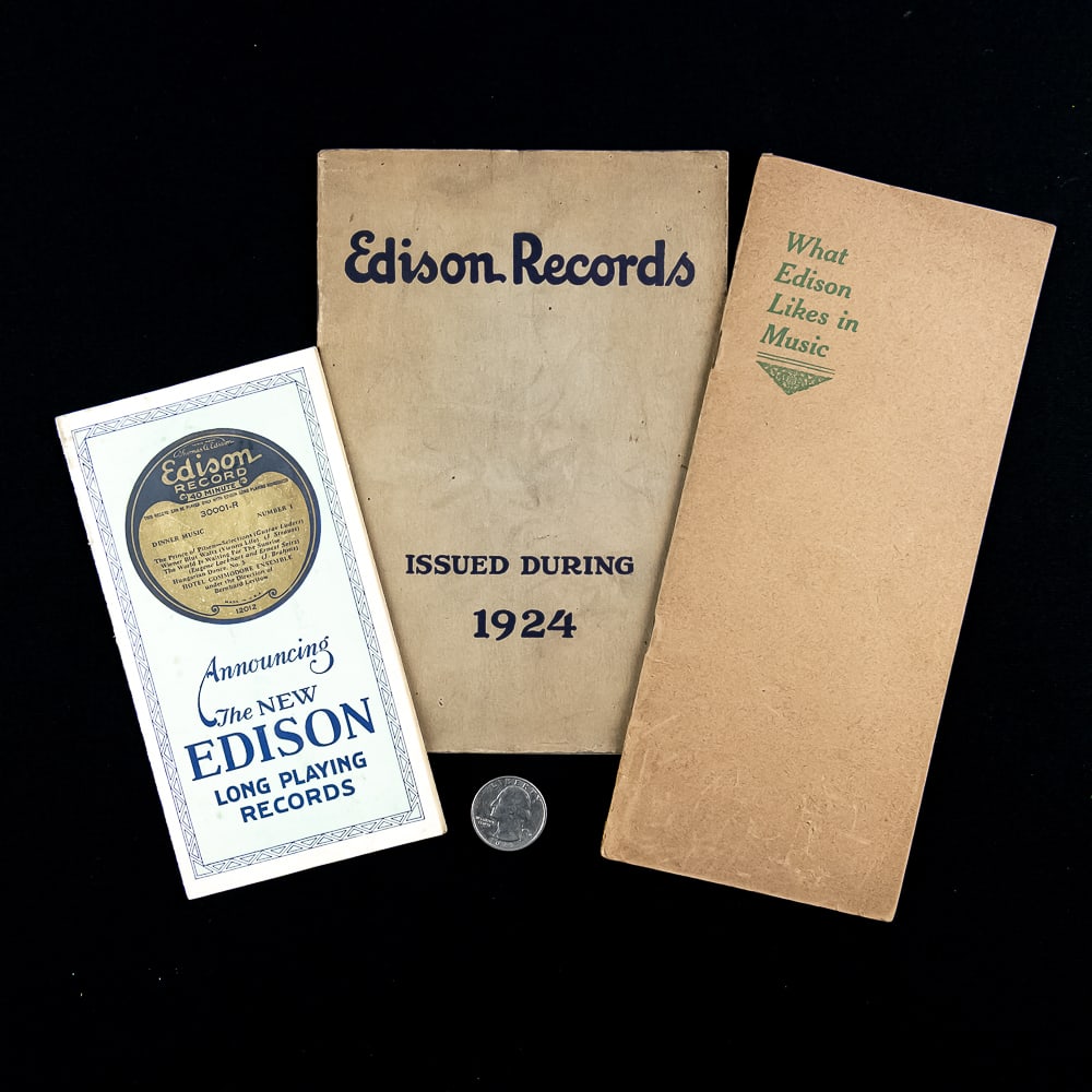 1920s Edison Record Ephemera Trio: A fascinating trio of original 1920s Edison promotional pieces offering a wonderful glimpse into the marketing genius of Thomas A. Edison, Inc. out of Orange, New Jersey. This lot includes a substanti