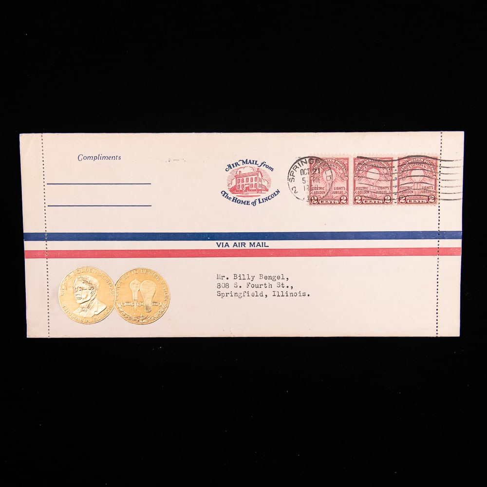 1929 Edison Golden Jubilee Airmail Cover: This is a fascinating 1929 first-day airmail cover celebrating Thomas Edison's Golden Jubilee of Light, featuring a highly desirable combination of philatelic and historical elements. The front of