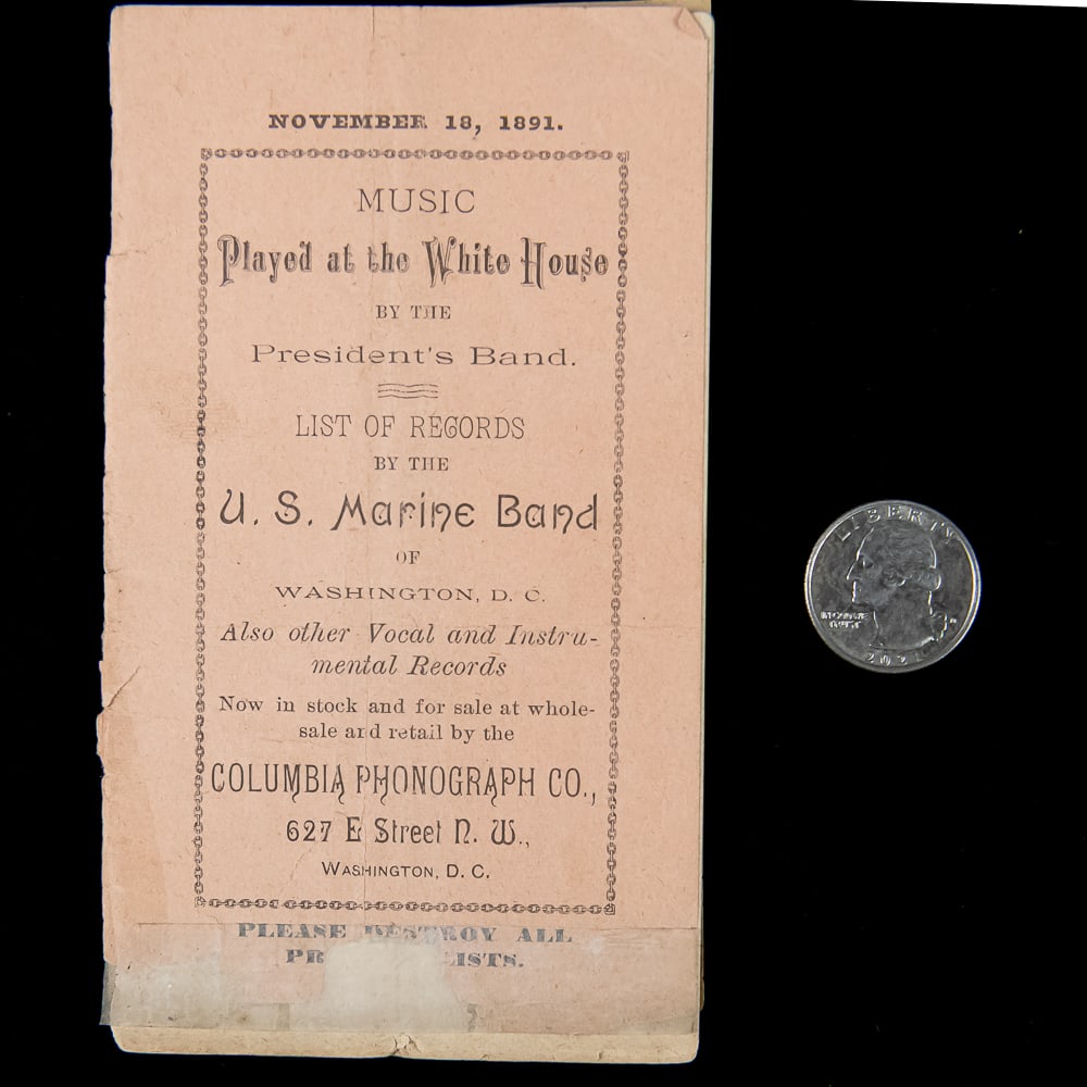 1891 Columbia Phonograph Record List: Exceedingly rare Columbia Phonograph record list from November 18, 1891 in good but fragile condition. Measures 5.5" X 3.25". See photos. From the Allen Koenigsberg collection.