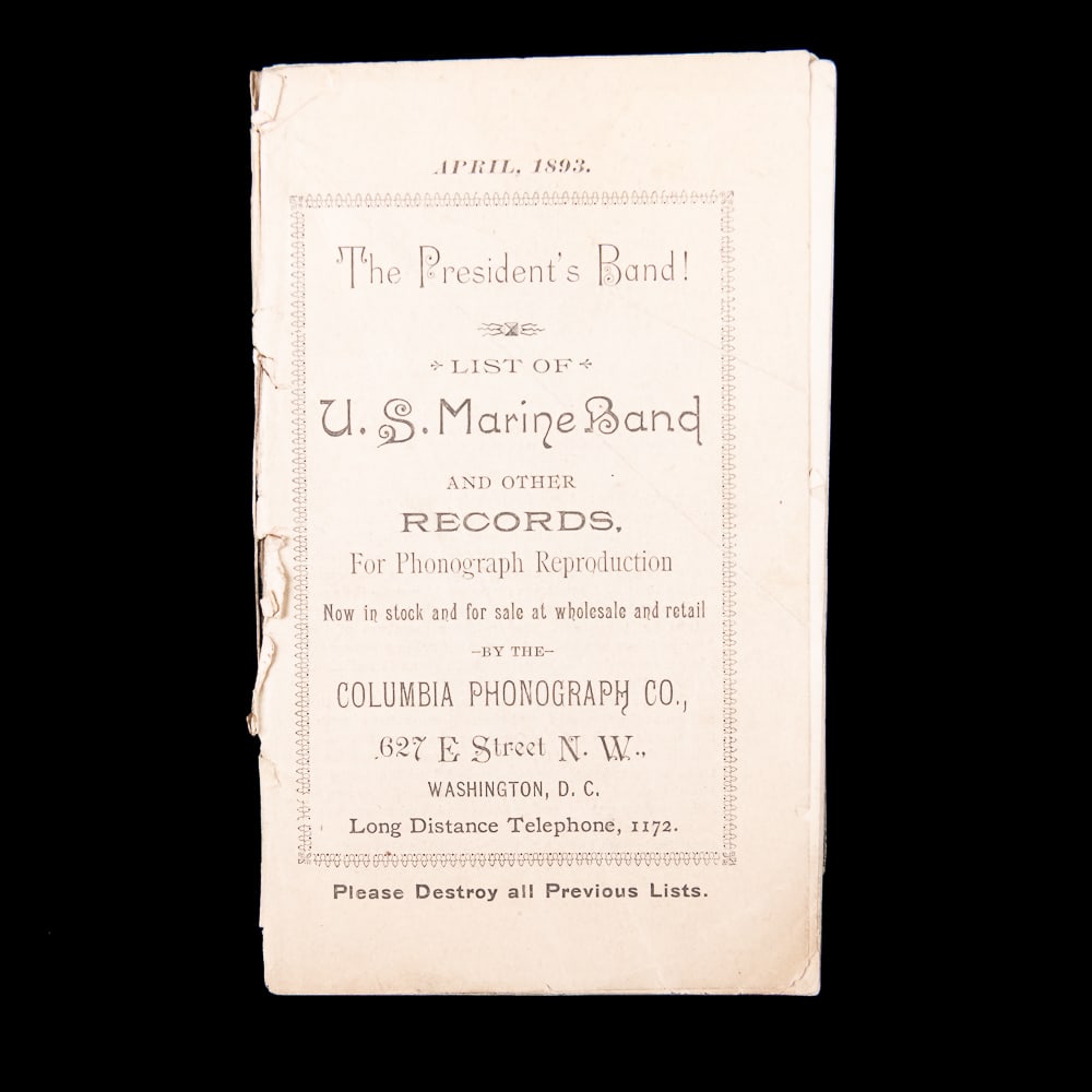 1893 Columbia Record Catalog: Original Columbia record catalog from April 1893 in good but fragile condition with a frayed hinge side. Measures 6" tall, 3'5" wide. See photos. From the Allen Koenigsberg collection.