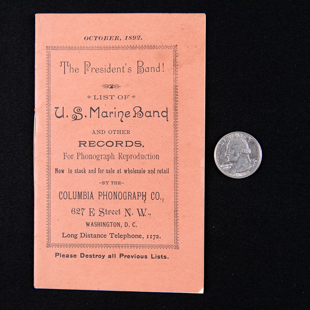 1892 Columbia Record Catalog: Original Columbia record catalog dated October 1892 featuring a list of U.S. Marine Band and other records. In VG condition throughout, it measures 5.75" tall X 3.5" wide. See photos. From the Allen
