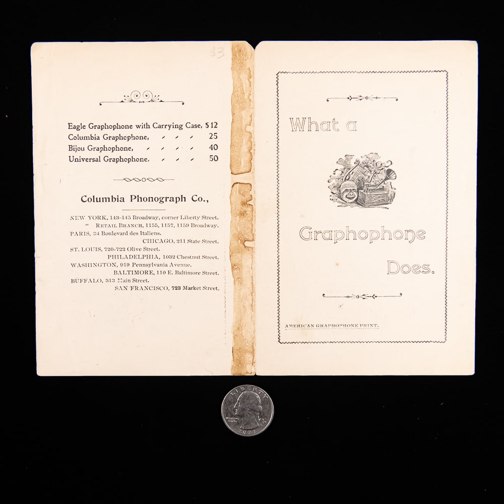 Columbia Graphophone Pamphlet: This scarce turn-of-the-century promotional Pamphlet, titled "What a Graphophone Does," was published by the American Graphophone Print for the Columbia Phonograph Co. Featuring historical retail bran