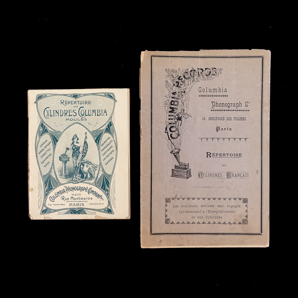 2 French Columbia Cylinder Record Catalogs: Two very early Columbia record catalogs printed in French. One is from 1899 measures 9.5" X 6.5", one from 1900 measures 6.25" X 5". Both in good but fragile condition. Measures 5" X 8". See photos.