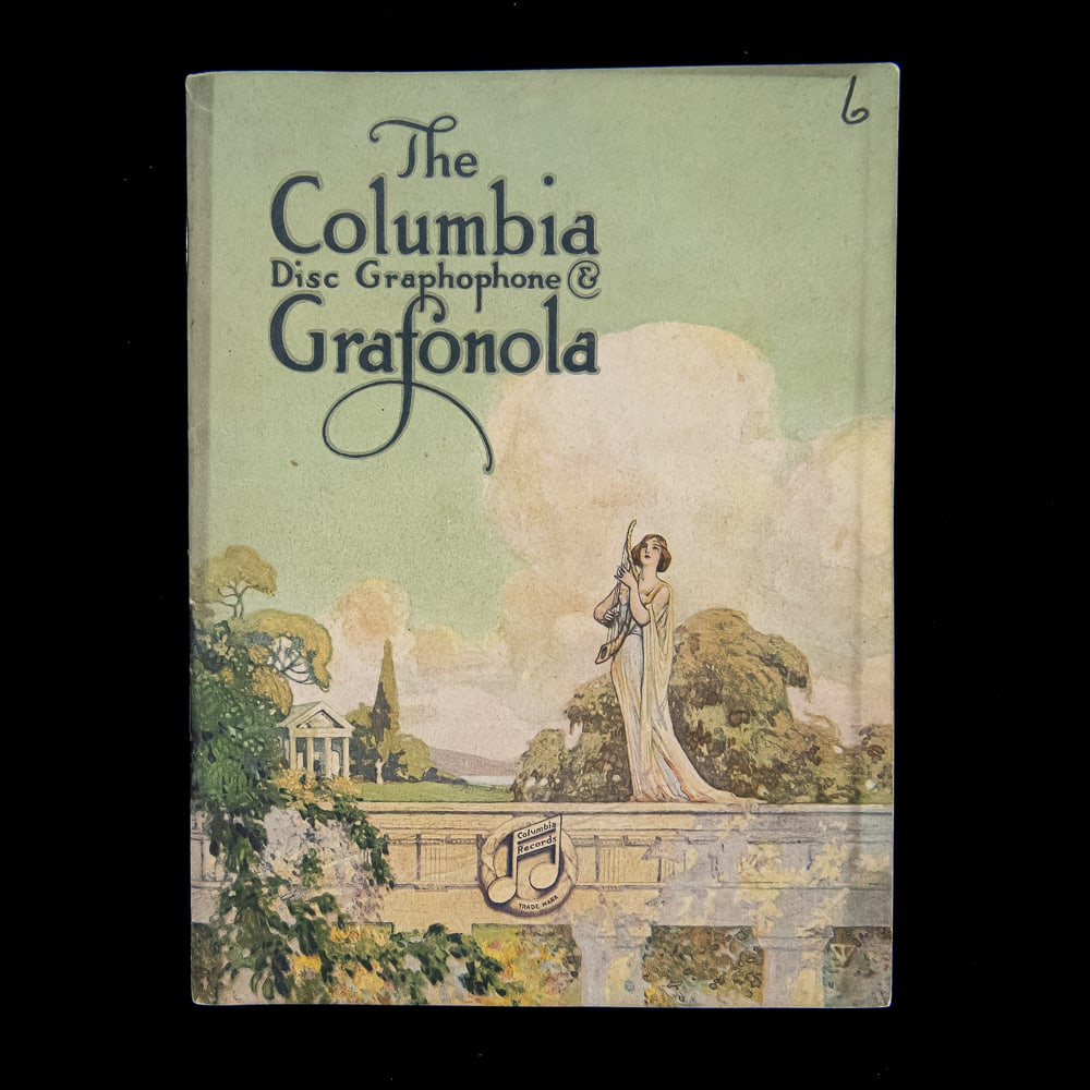 Columbia Graphophone Booklet: An elegant early 20th-century promotional catalog from the Columbia Graphophone Company of Bridgeport, Connecticut, featuring striking Art Nouveau cover illustrations of a classical garden scene that