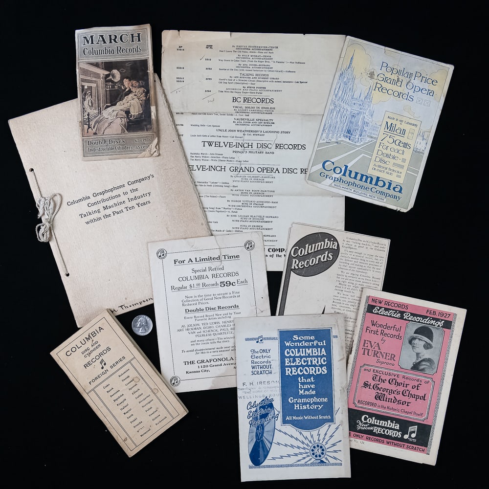 Early Columbia Records Ephemera Lot (9): An excellent collection of nine early 20th-century promotional documents and record supplements from the Columbia Phonograph Company, showcasing a fascinating era of audio innovation and marketing.