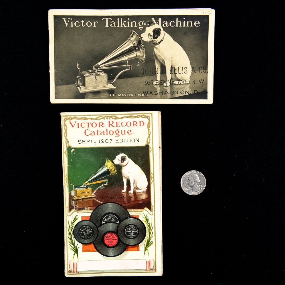 1907 Victor Talking Machine Booklets: An exceptional pair of early 20th-century phonograph advertising booklets published by the Victor Talking Machine Co. of Camden, New Jersey, both featuring a local dealer overprint for "John F. Ellis