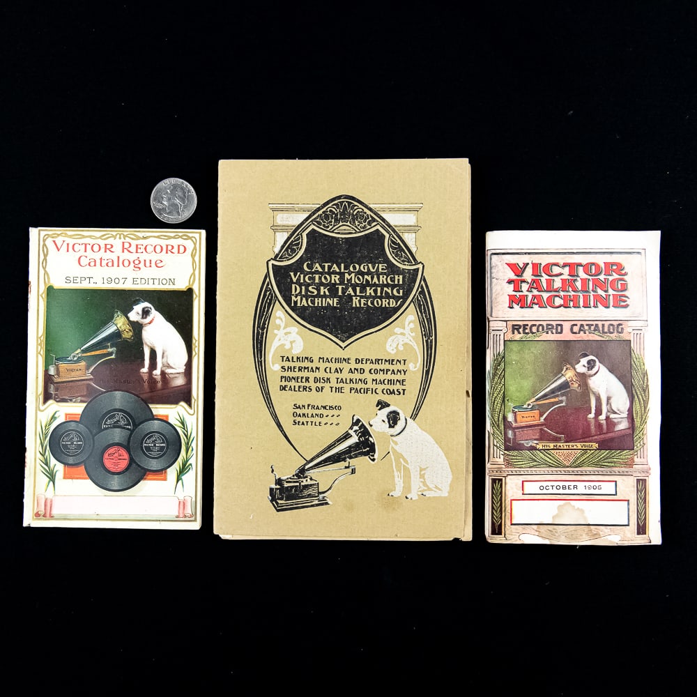 Victor Record Catalogs: A remarkable gathering of early 20th-century phonograph ephemera features three original Victor record catalogs and a highly desirable "Bargain List" insert. The assortment includes an early Victor Mo