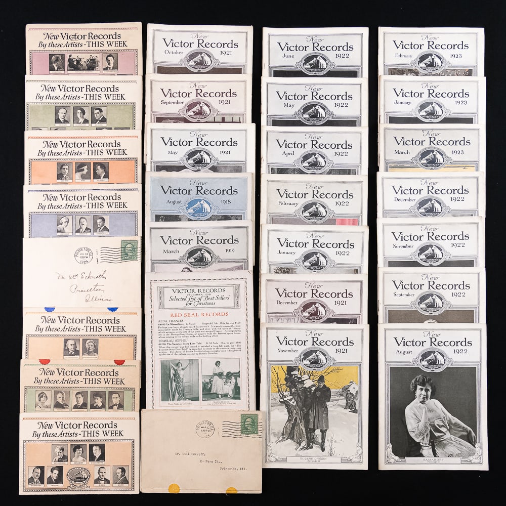 Large Lot of Victor Record Literature: Lot includes 19 monthly Victor Record catalogs from August 1918 to March 1923 in good condition, a December 1918 Victor Red seal supplement in fair condition, and 12 weekly Victor Record mailers from
