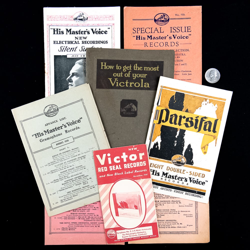 Gramophone & Phonograph Pamphlets: An exceptional collection of eight early 20th-century gramophone and phonograph advertising pamphlets and booklets, predominantly from the iconic "His Master's Voice" (Gramophone Company Ltd.) and