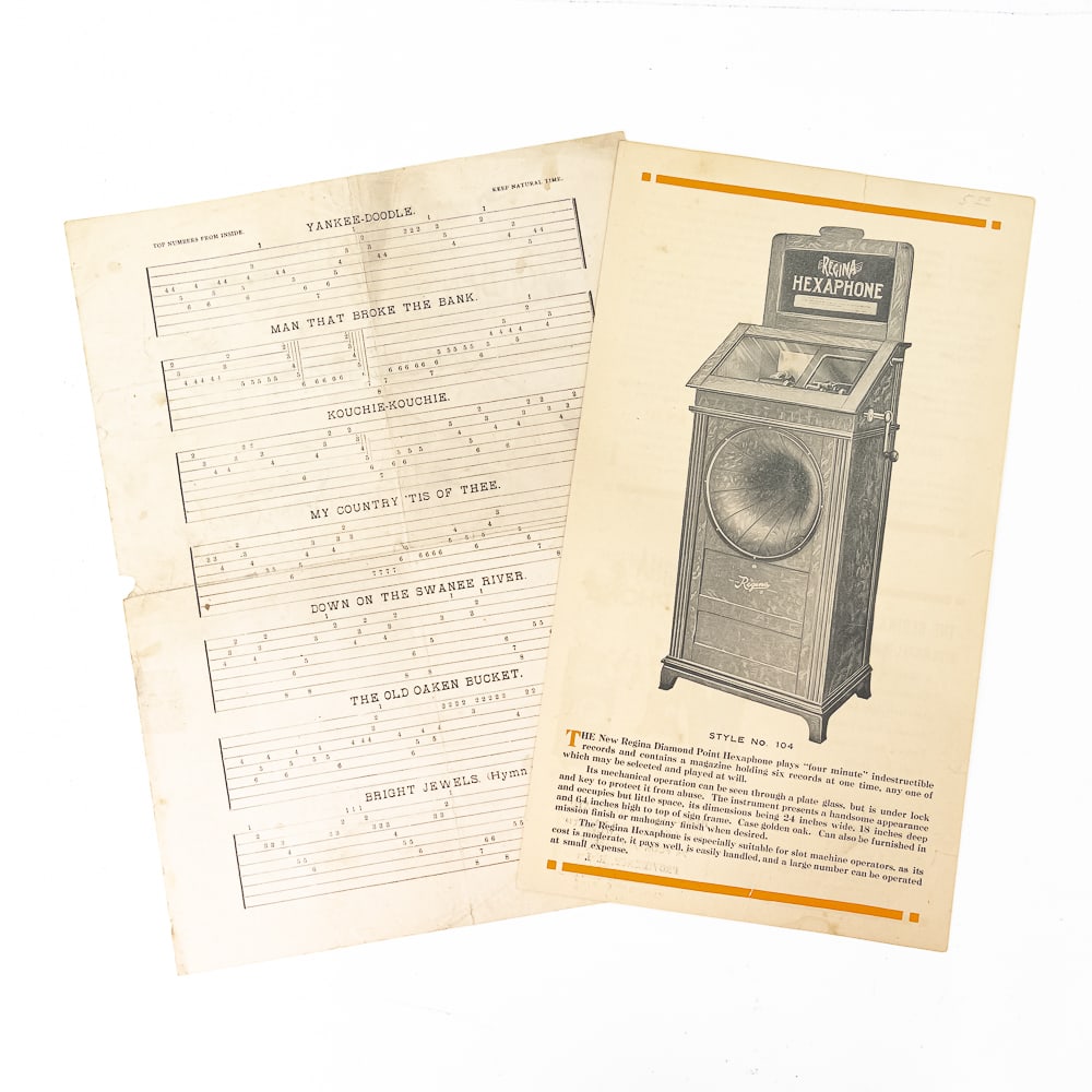 2 Vintage Phonograph Ads: One piece is 9.5" wide X 12.5" tall advertising Worden's Phonograph Top, a toy that looks like it could never possibly work, being sold by John Wanamaker, and a 2sided flyer for Regina Hexaphones.