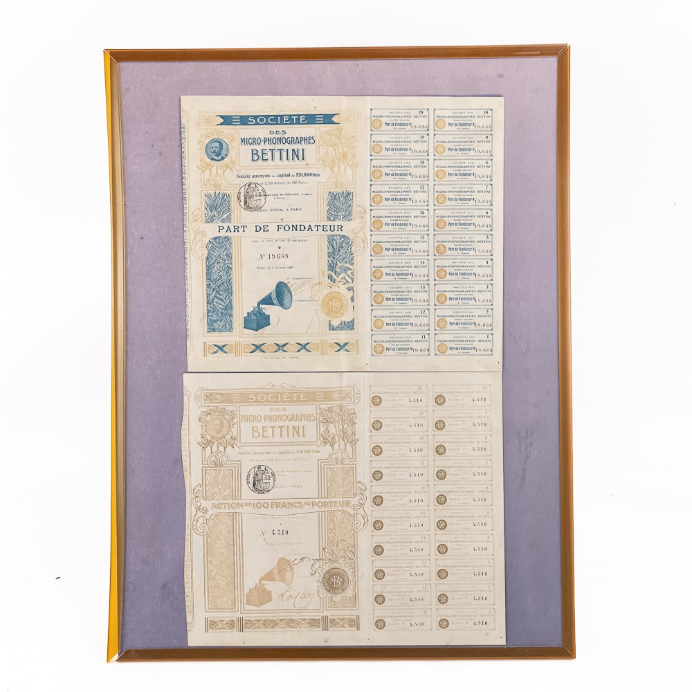 1901 Bettini Micro-Phonograph Shares Framed: This exceptionally rare pair of early audio history documents captures the pioneering era of recorded sound, featuring an original 1901 Société des Micro-Phonographes Bettini "Part de