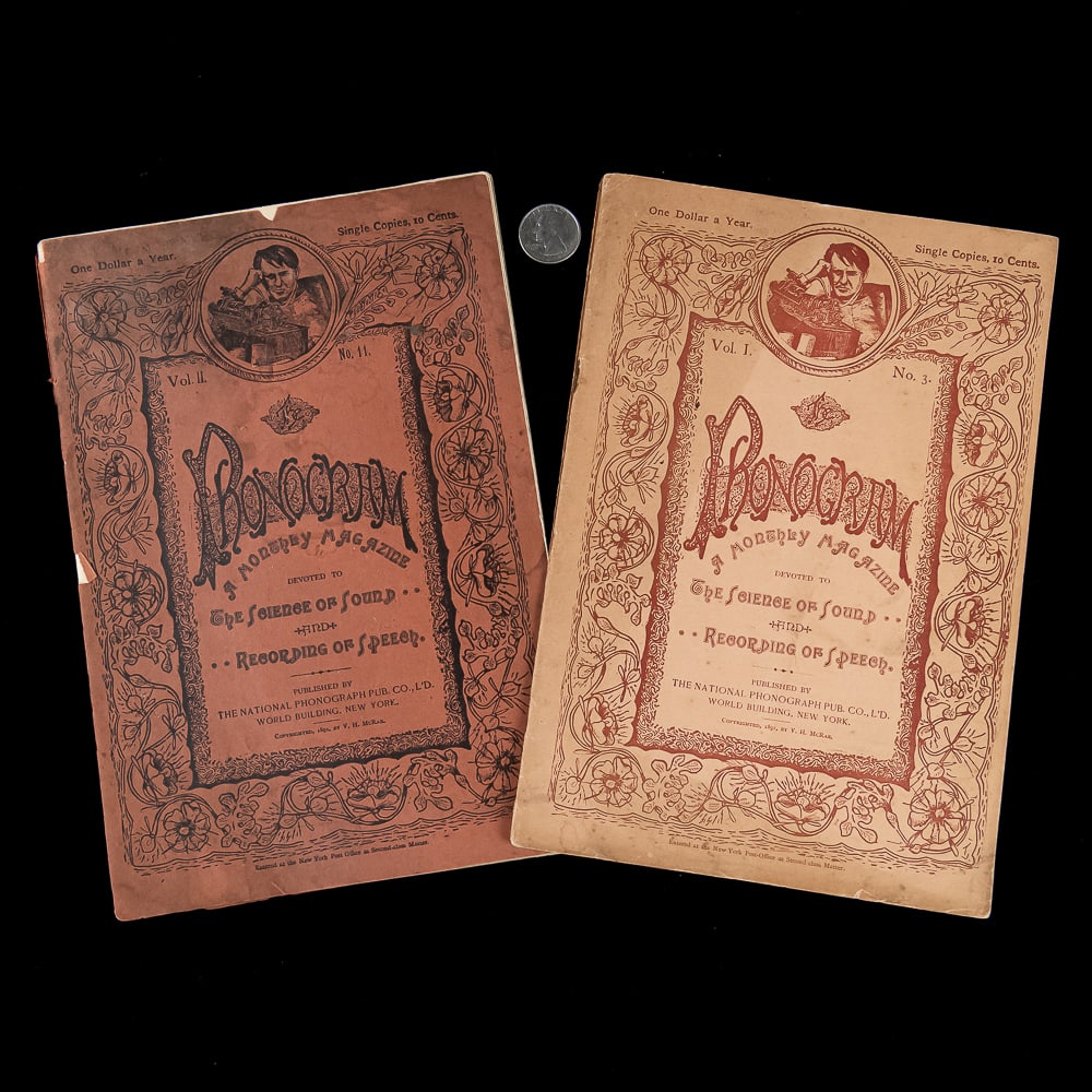 2 Original Copies of the Phonogram: Includes Vol. I No. 3 - March of 1891 in good but fragile condition., and Vol. II No. 11 - November 1892 in complete but fragile condition with detached cover. Both measure 10.25" tall, 7" wide. See