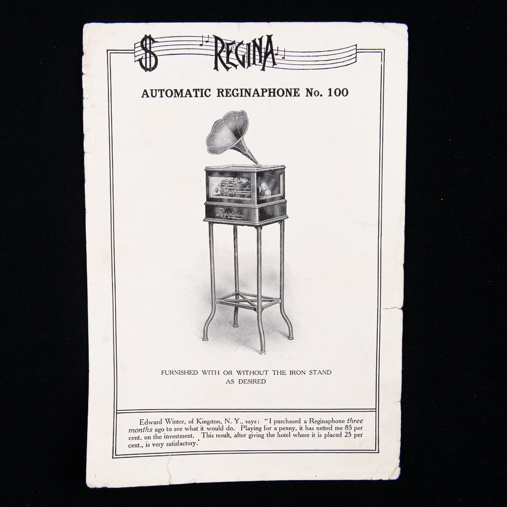 Regina Automatic Reginaphone No. 100 Flyer: Step back in time with this fascinating, original double-sided advertising flyer for the "Automatic Reginaphone No. 100," manufactured by the renowned Regina Music Box Company. This rare piece of