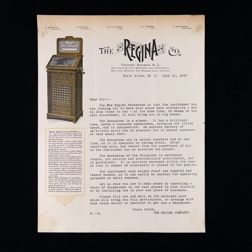 Regina Hexaphone Dealer Letter: Original 1909 letter from the Regina Co. in Rahway, N.J. to dealers introducing the Hexaphone coin operated phonograph which offered 6 different selections to the consumer. Regina, who primarily made