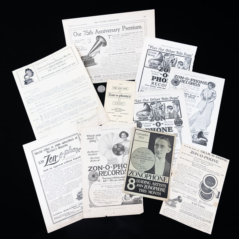 Zon-O-Phone Literature (10): 10 piece lot includes magazine ads, record listings, and a letter in answer from Universal Talking Machine Co. all in good condition. See pics. From the Allen Koenigsberg collection.