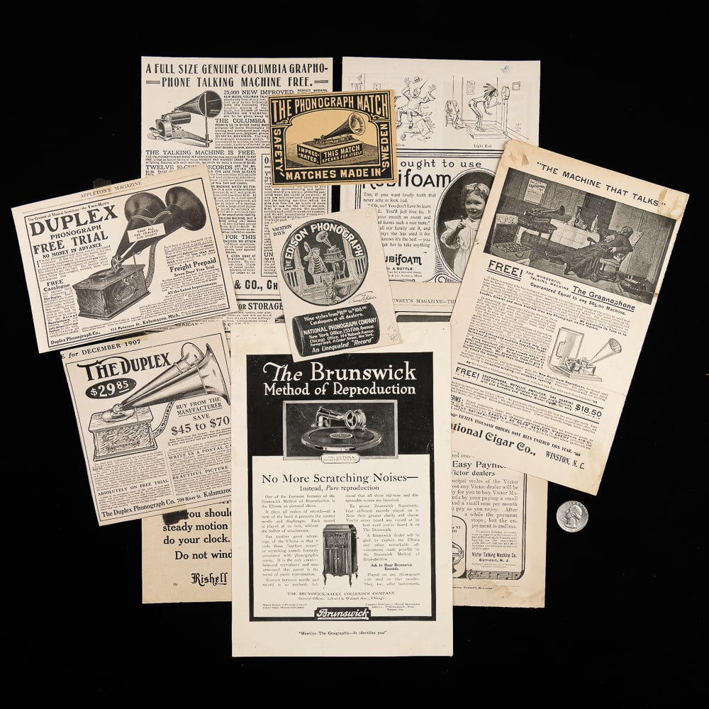 Vintage Phonograph Advertising Lot: A fascinating 10-piece collection of early 20th-century phonograph advertising ephemera that serves as a wonderful time capsule into the aggressive marketing war of acoustic sound reproduction. From a