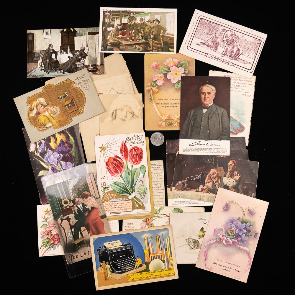 Group of 22 Vintage Post Cards: 22 vintage post cards including 9 relating to the phonograph. See pics. From the Allen Koenigsberg collection.