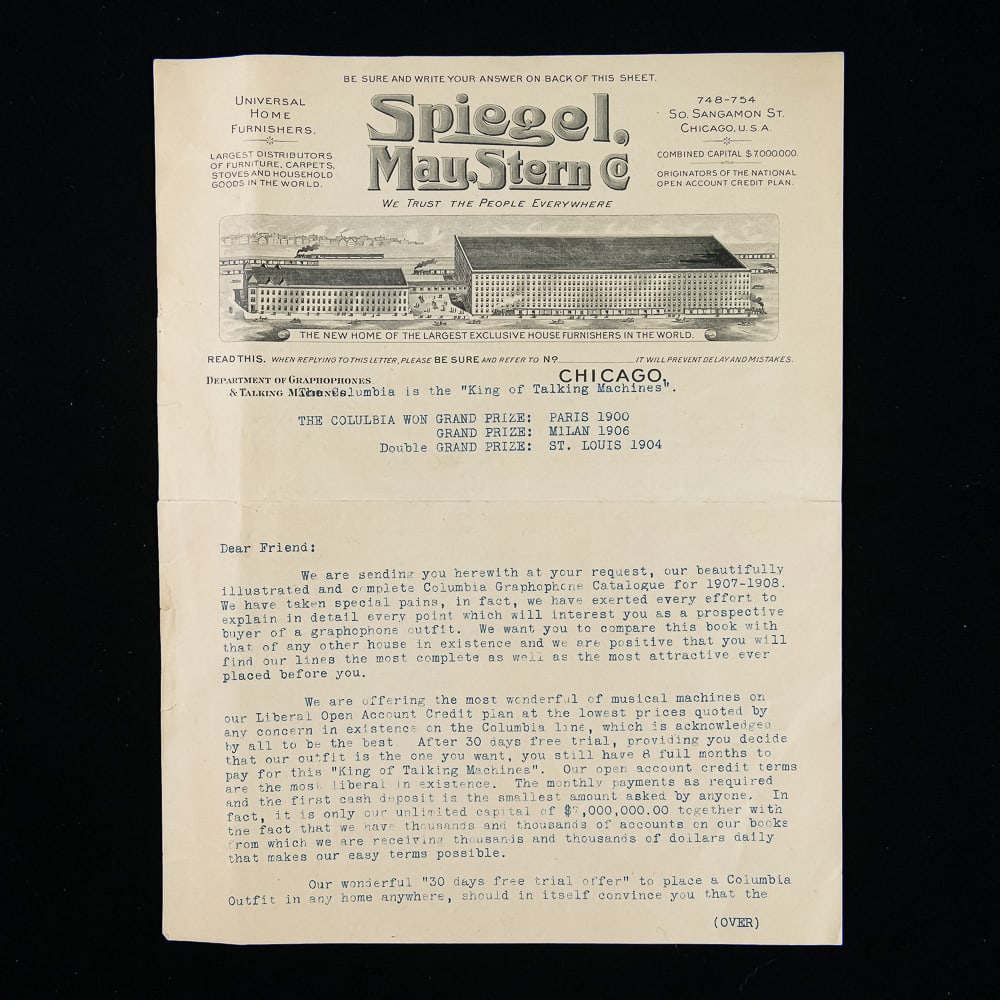 1907 Spiegel, May, Stern Co. Letter: This fascinating piece of ephemera is a double-sided promotional letter sent by the Spiegel, May, Stern Co. of Chicago, Illinois, dating to around 1907–1908. Writing from the perspective of an
