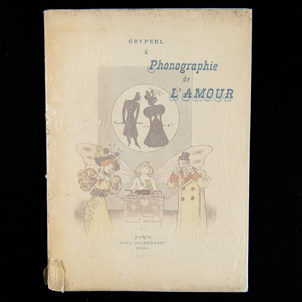 Phonographie de l'Amour 1895 Book: This exceptionally scarce, 1895 limited-edition French volume titled Phonographie de l'Amour by "Gryperl" features delightful, whimsical Belle Époque illustrations by the renowned French artist,
